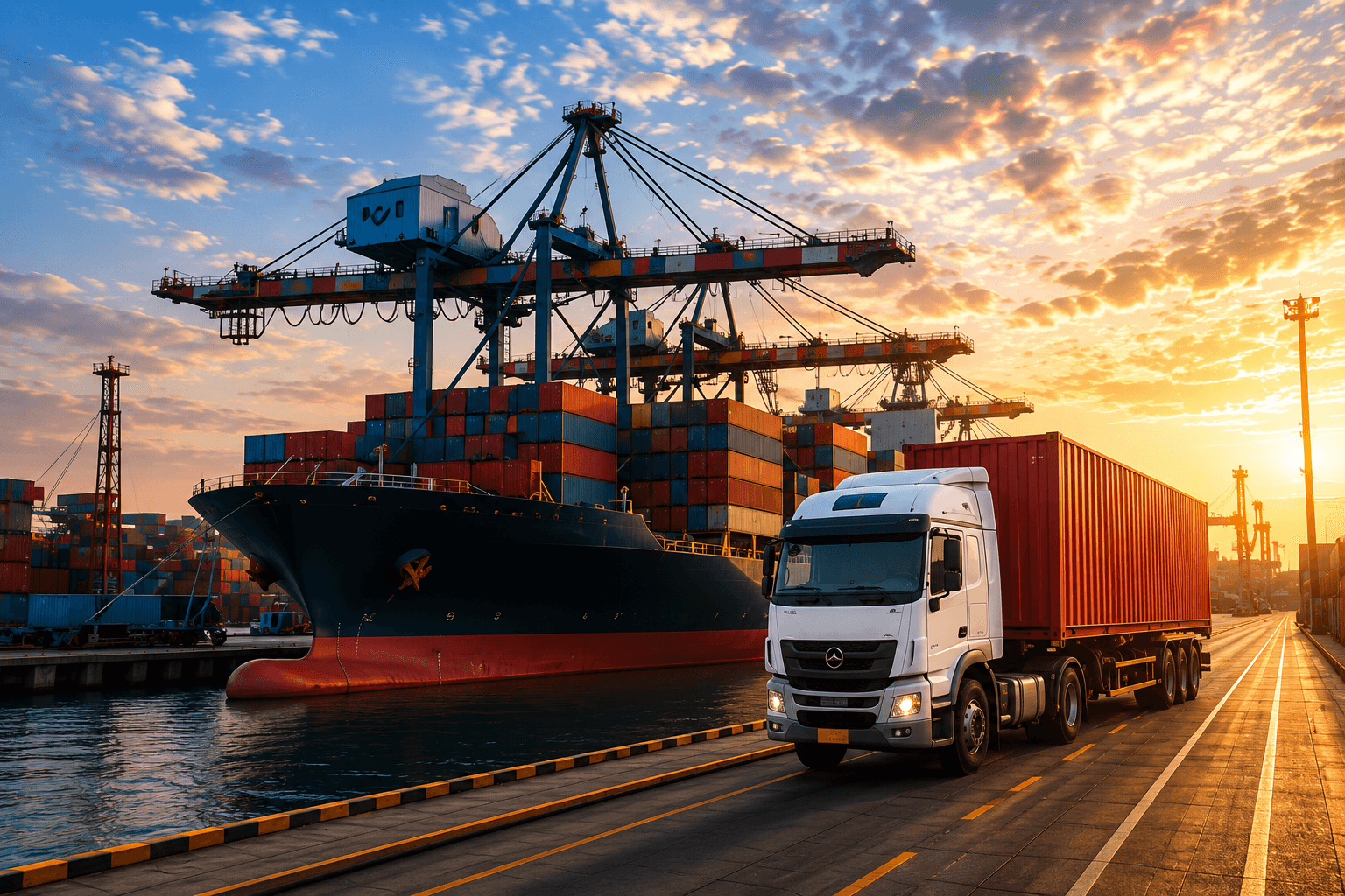 Cargo ship and containers at a commercial shipping port at sunset
